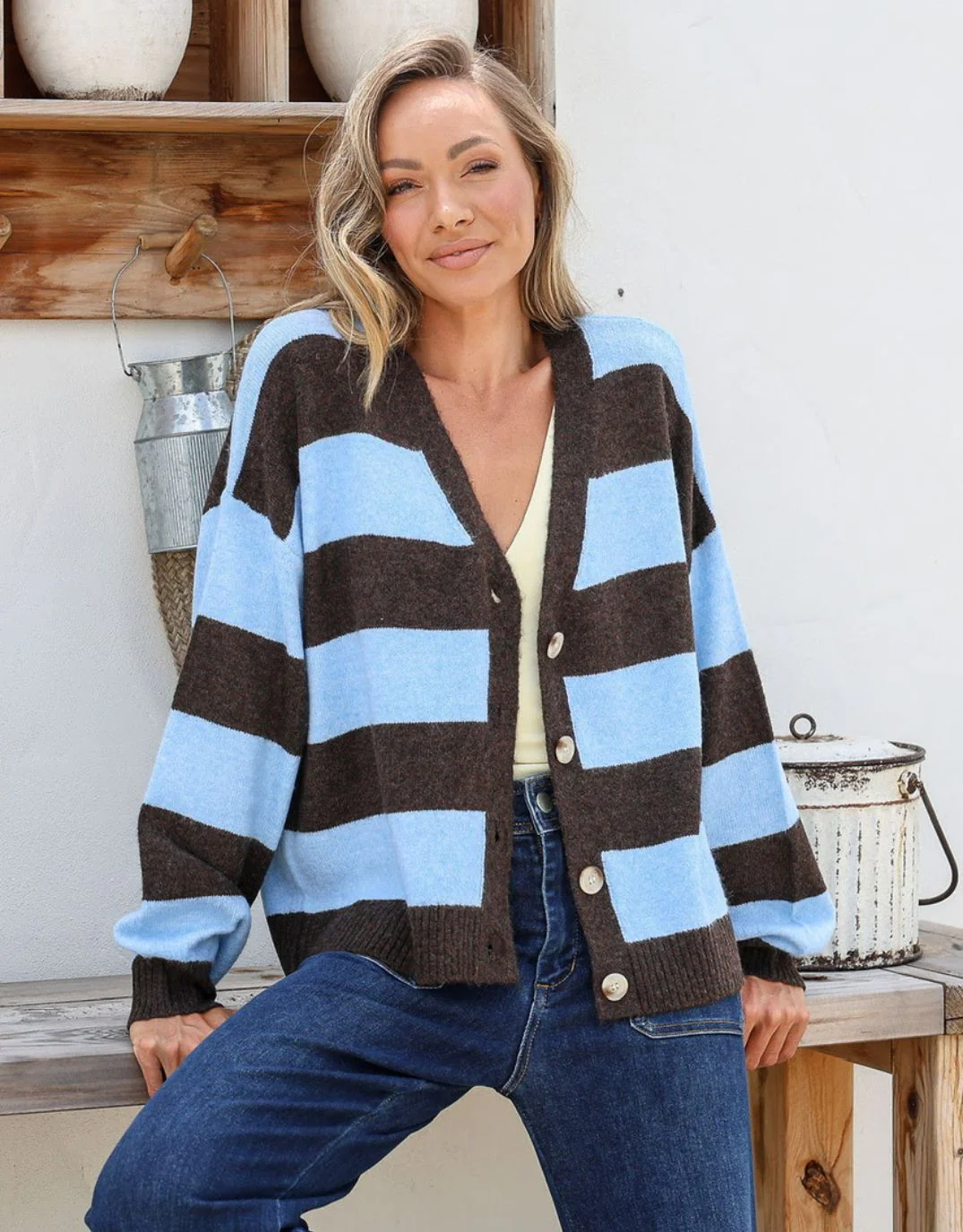 Briar Block Stripe Cardi - Chocolate/Powder Blue - Image 2