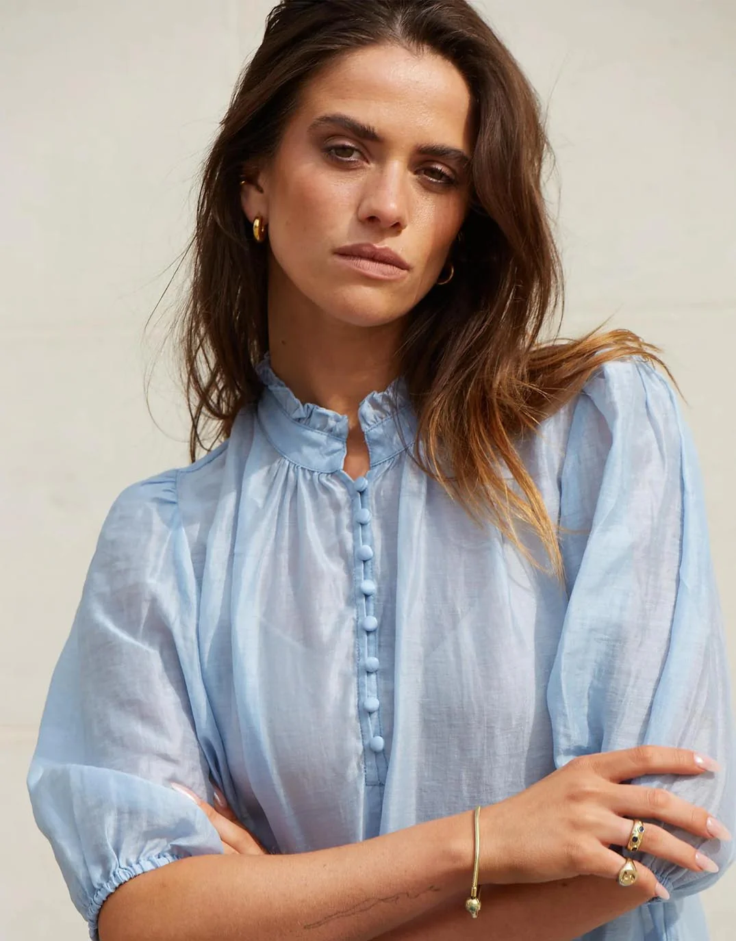 Closure Sheer High Neck Buttoned Top - Pale Blue - Image 3