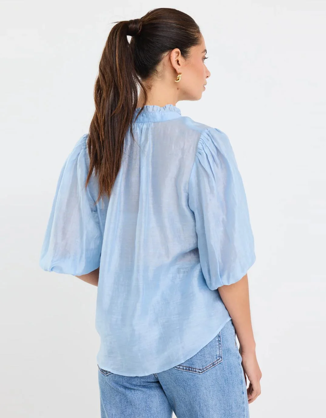 Closure Sheer High Neck Buttoned Top - Pale Blue - Image 6
