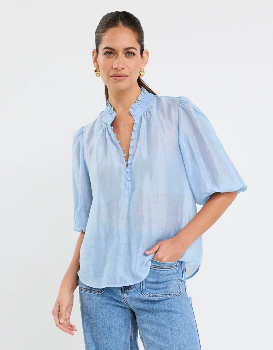 Closure Sheer High Neck Buttoned Top - Pale Blue - Image 7