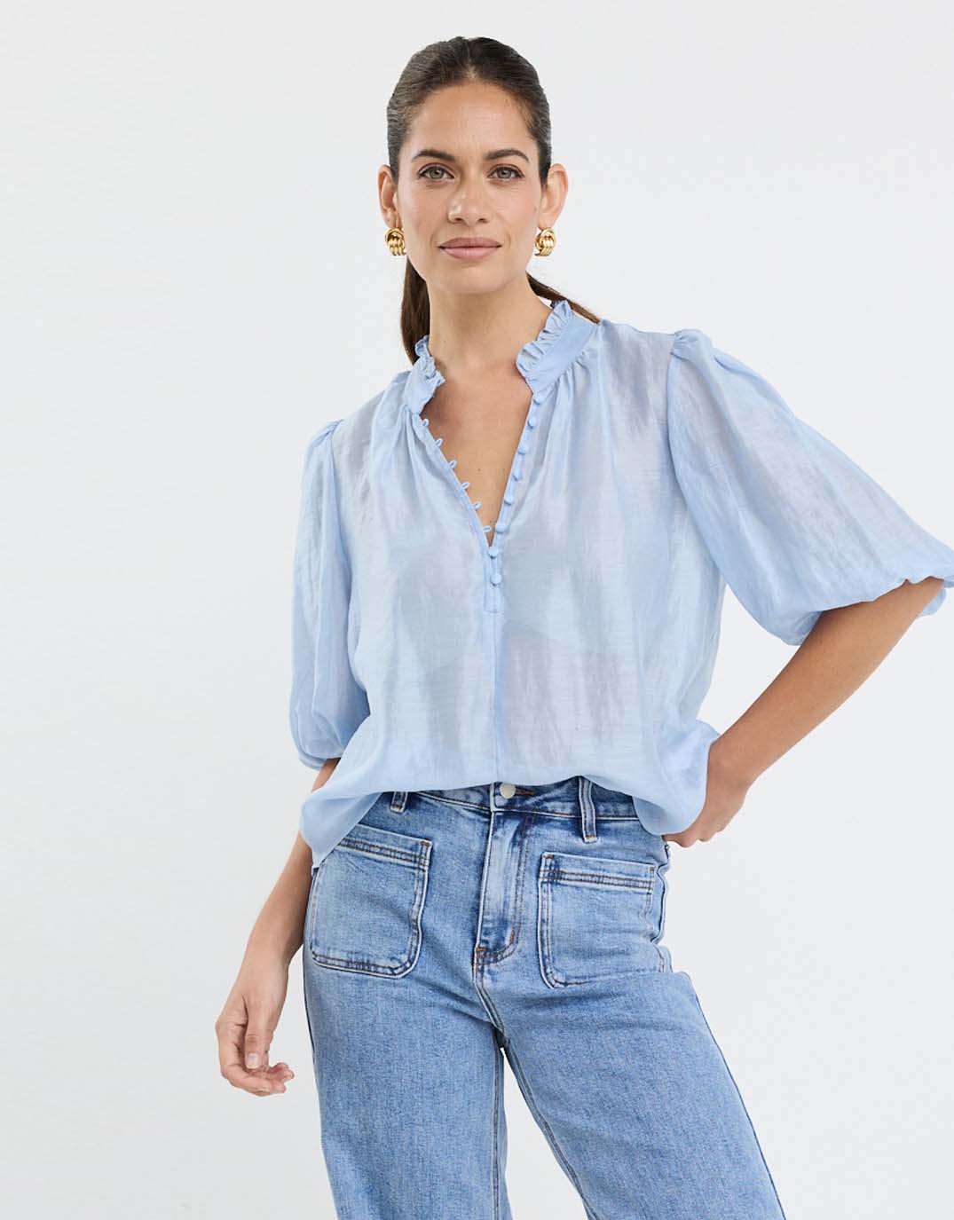 Closure Sheer High Neck Buttoned Top - Pale Blue - Image 8