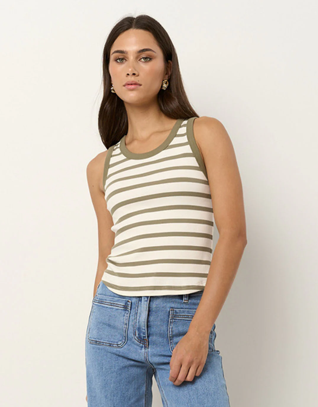 Cobble Rib Cutaway Tank - Khaki/Ivory Stripe