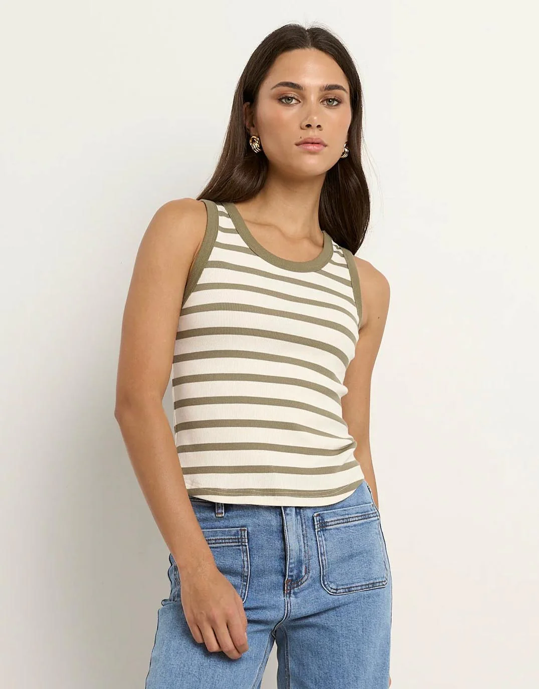 Cobble Rib Cutaway Tank - Khaki/Ivory Stripe - Image 2