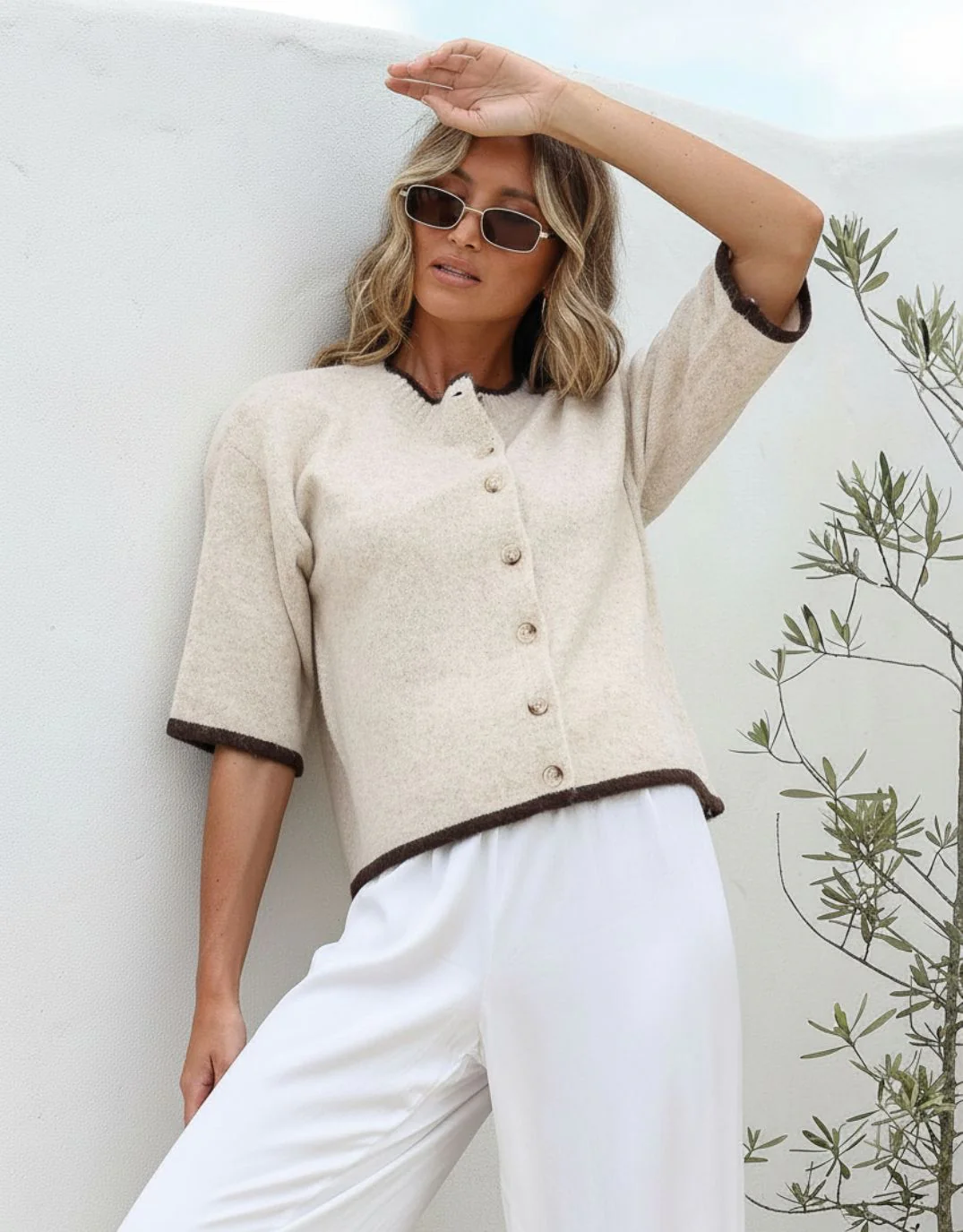 Cora Quarter Sleeve Cardi - Latte/Choc - Image 2