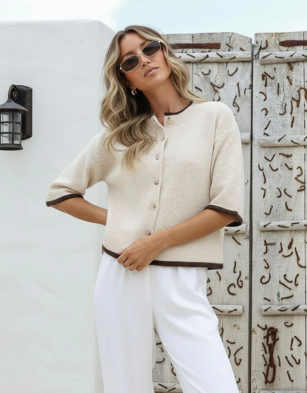 Cora Quarter Sleeve Cardi - Latte/Choc - Image 3