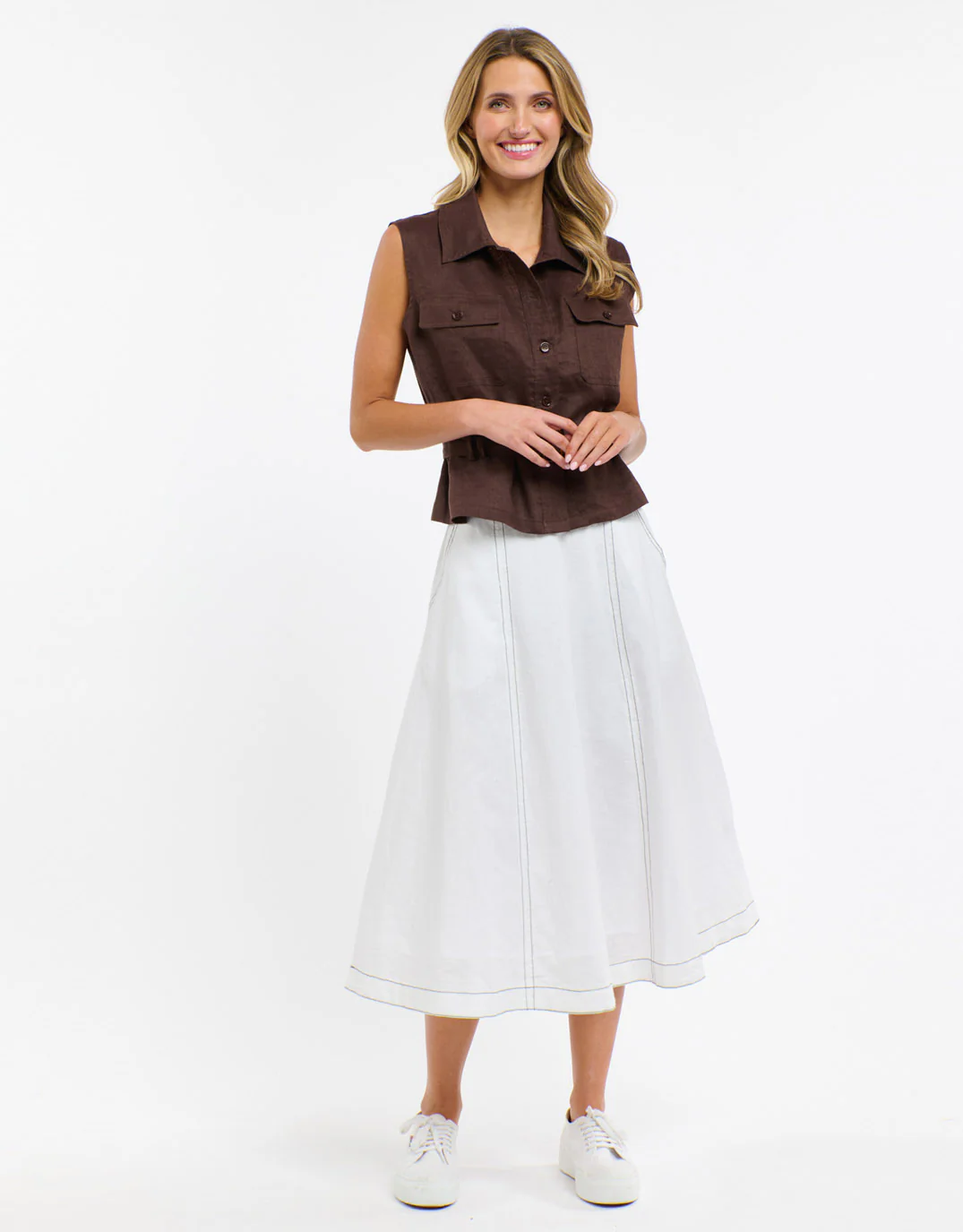 Dakota Linen Skirt - White with Choc Stitch - Image 2