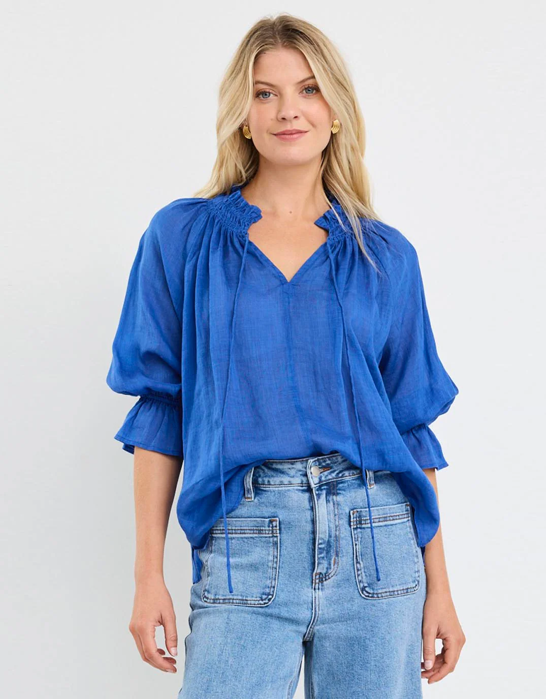 Expedition Shirred Neck Short Sleeve Top - Blue