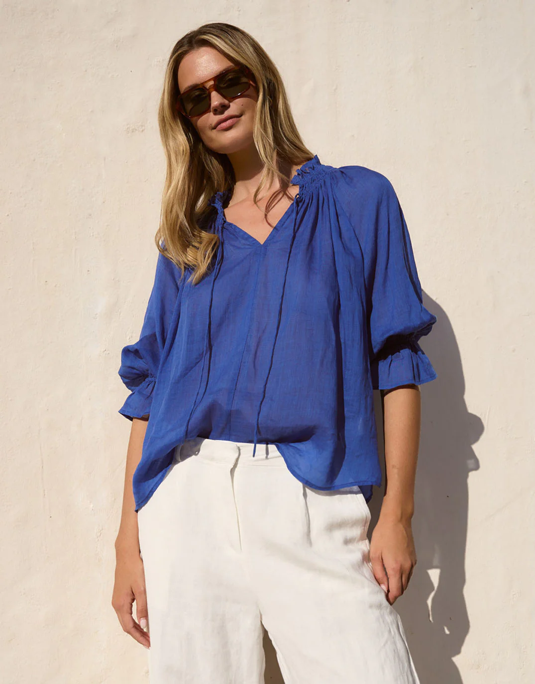 Expedition Shirred Neck Short Sleeve Top - Blue - Image 2