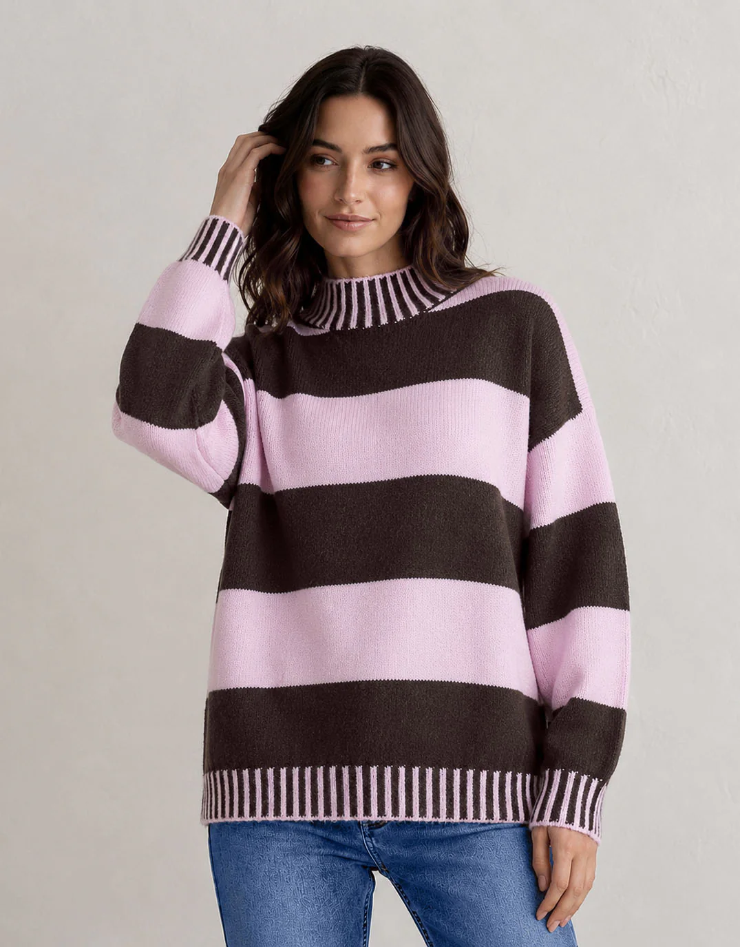 Gigi Wool Blend Stripe Knit - Chocolate/Pink - Image 2