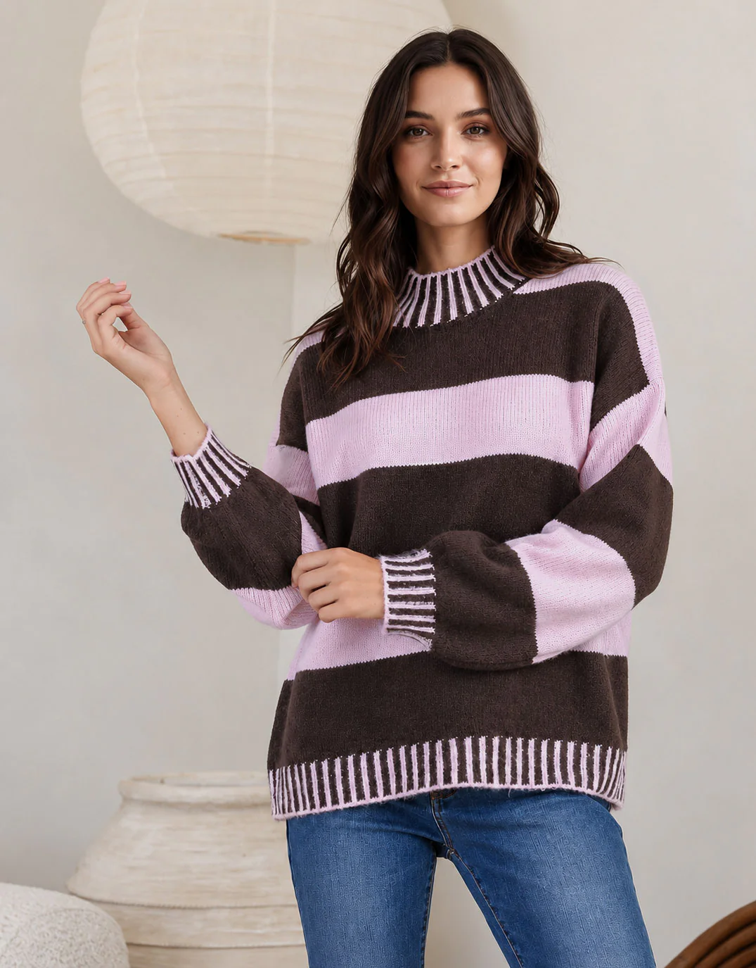 Gigi Wool Blend Stripe Knit - Chocolate/Pink - Image 3
