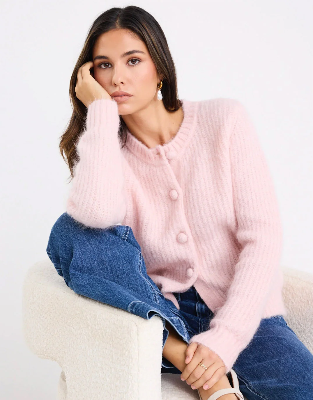 Highlight Mohair Blend Crewneck Cardigan - Pink - Image 3
