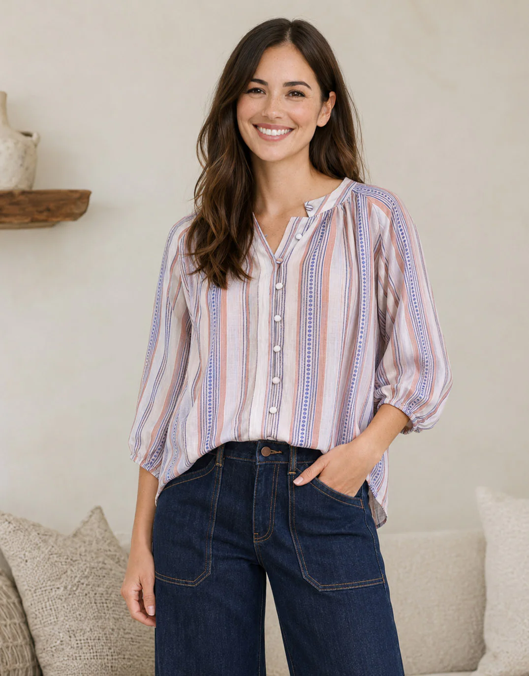 Malta Blouse - Blue/Blush Stripe