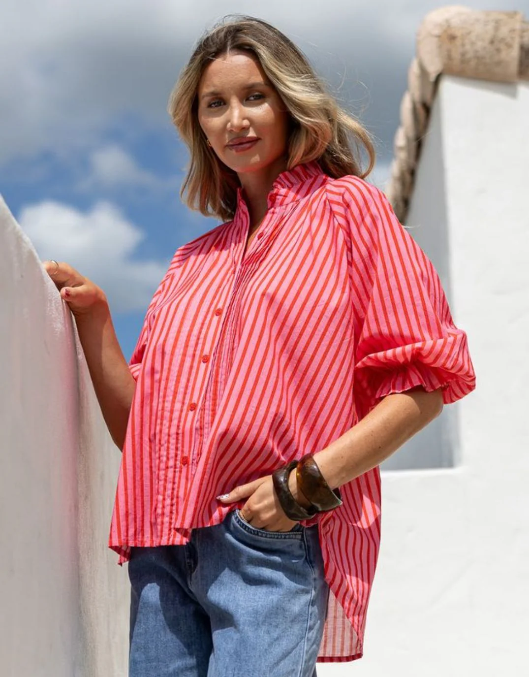 Margaret Stripe Blouse - Pink/Red