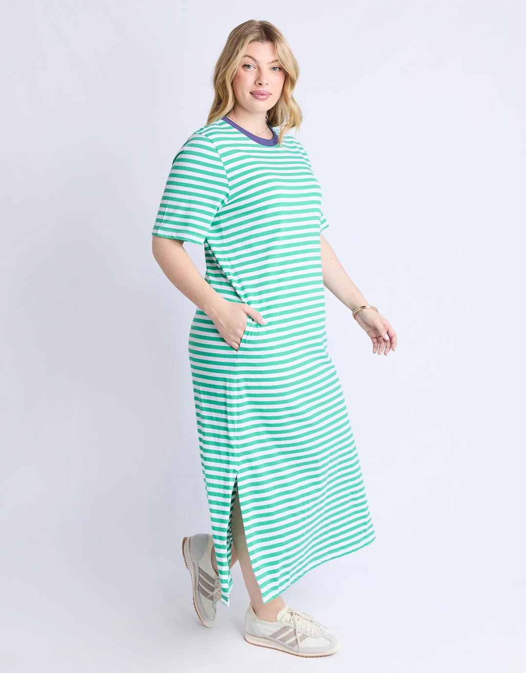 Merry Tee Dress - Gumdrop Green & White Stripe / Vintage Blue - Image 4