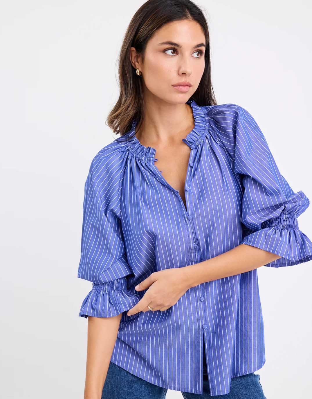 Noetic Short Sleeve Blouse - Dark Blue Stripe - Image 2