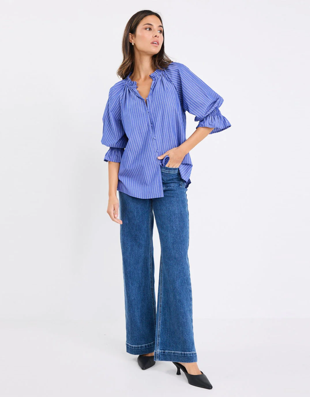 Noetic Short Sleeve Blouse - Dark Blue Stripe - Image 3