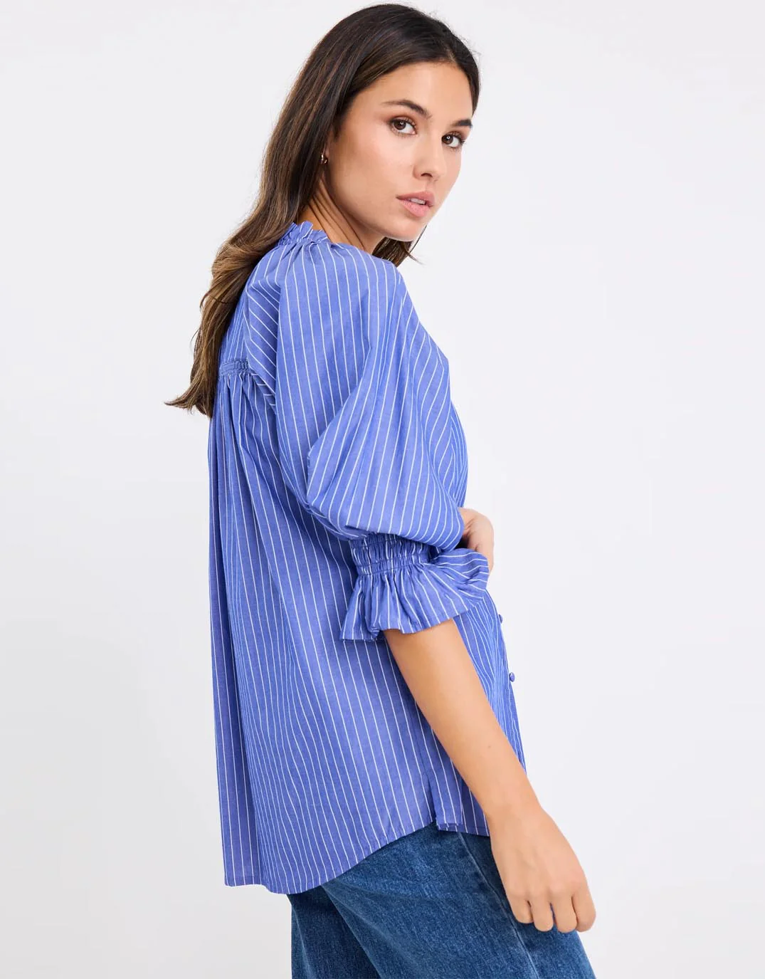 Noetic Short Sleeve Blouse - Dark Blue Stripe - Image 4