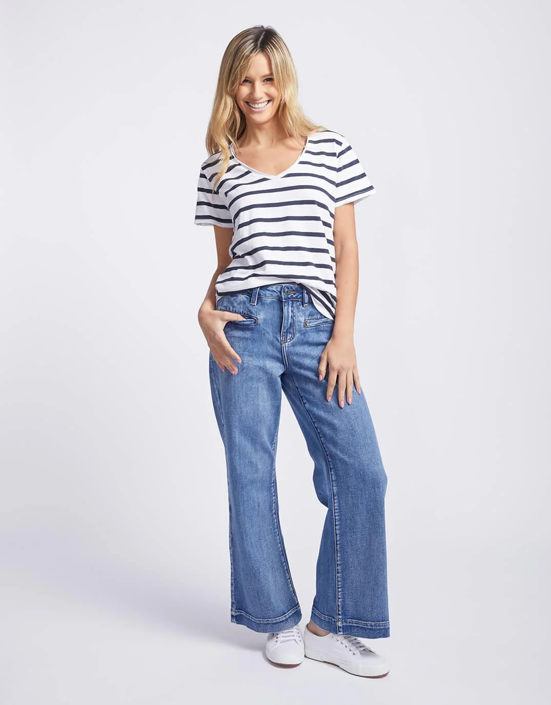 Original V Neck T-Shirt - Navy/White Stripe - Image 4