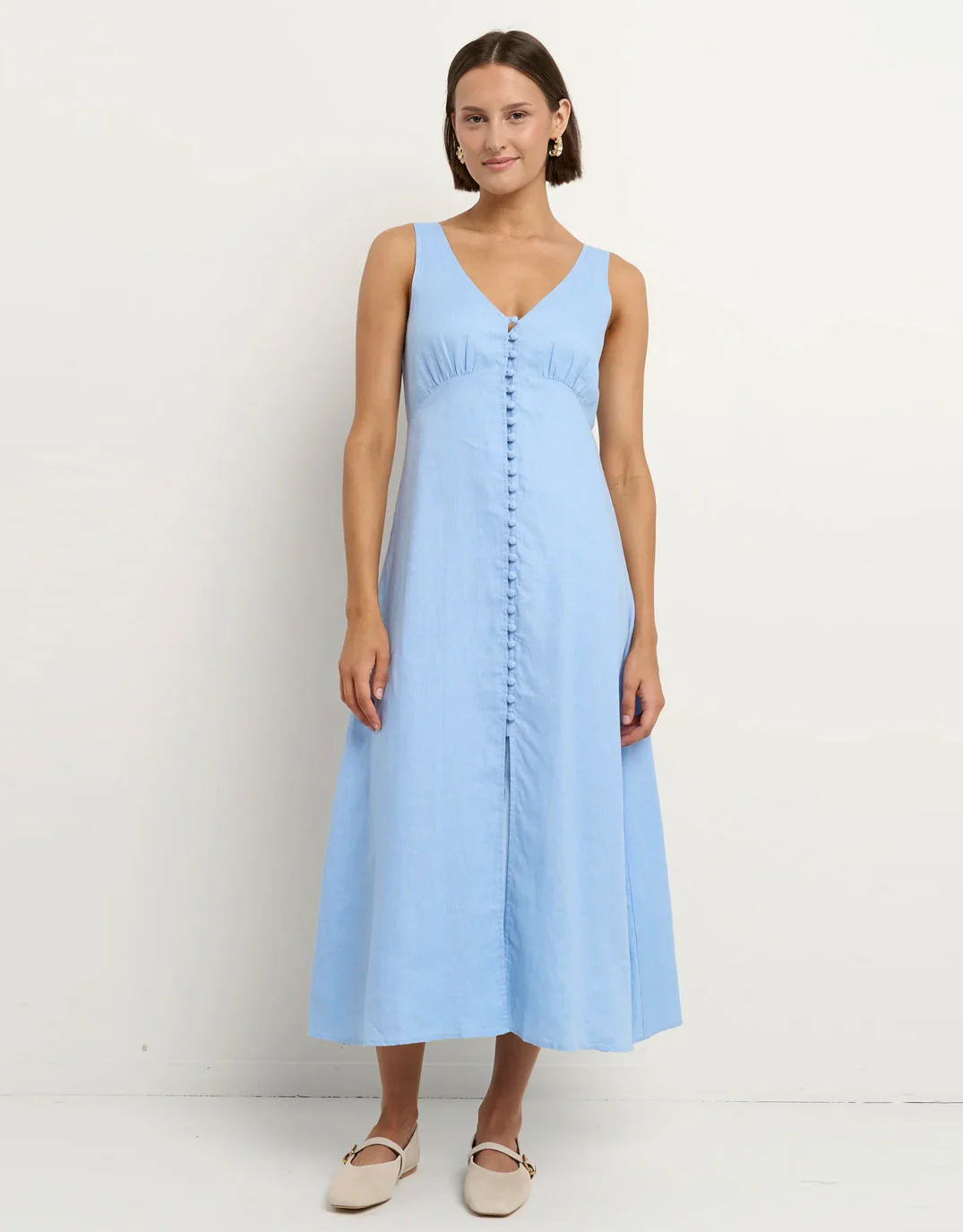 Panama Linen Sleeveless Button Front Midi Dress - Sky Blue