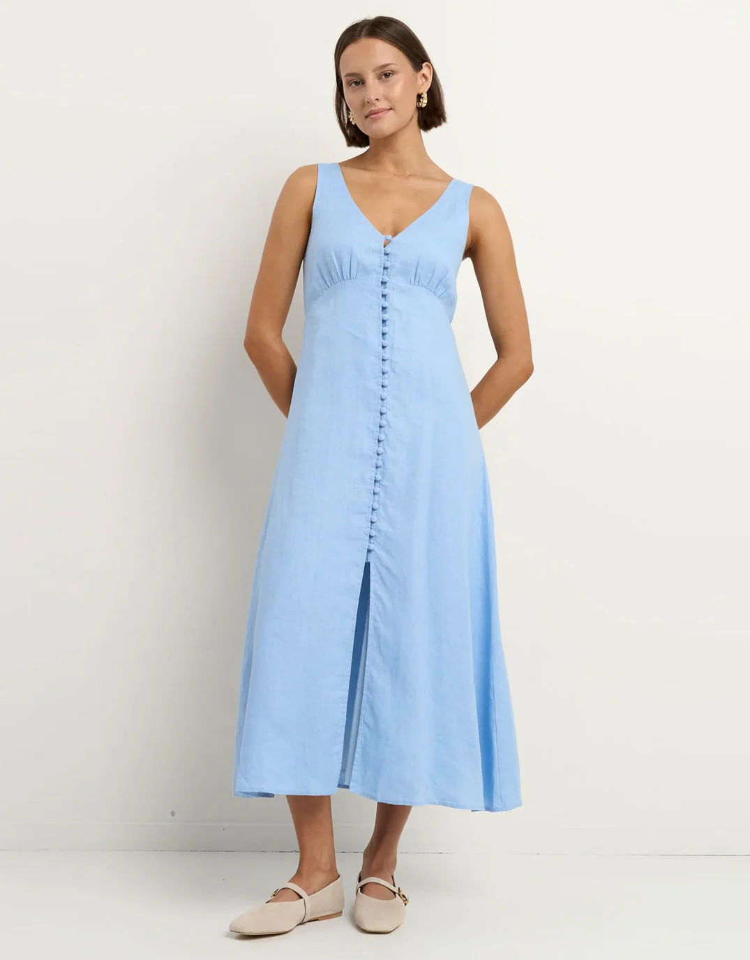 Panama Linen Sleeveless Button Front Midi Dress - Sky Blue - Image 2
