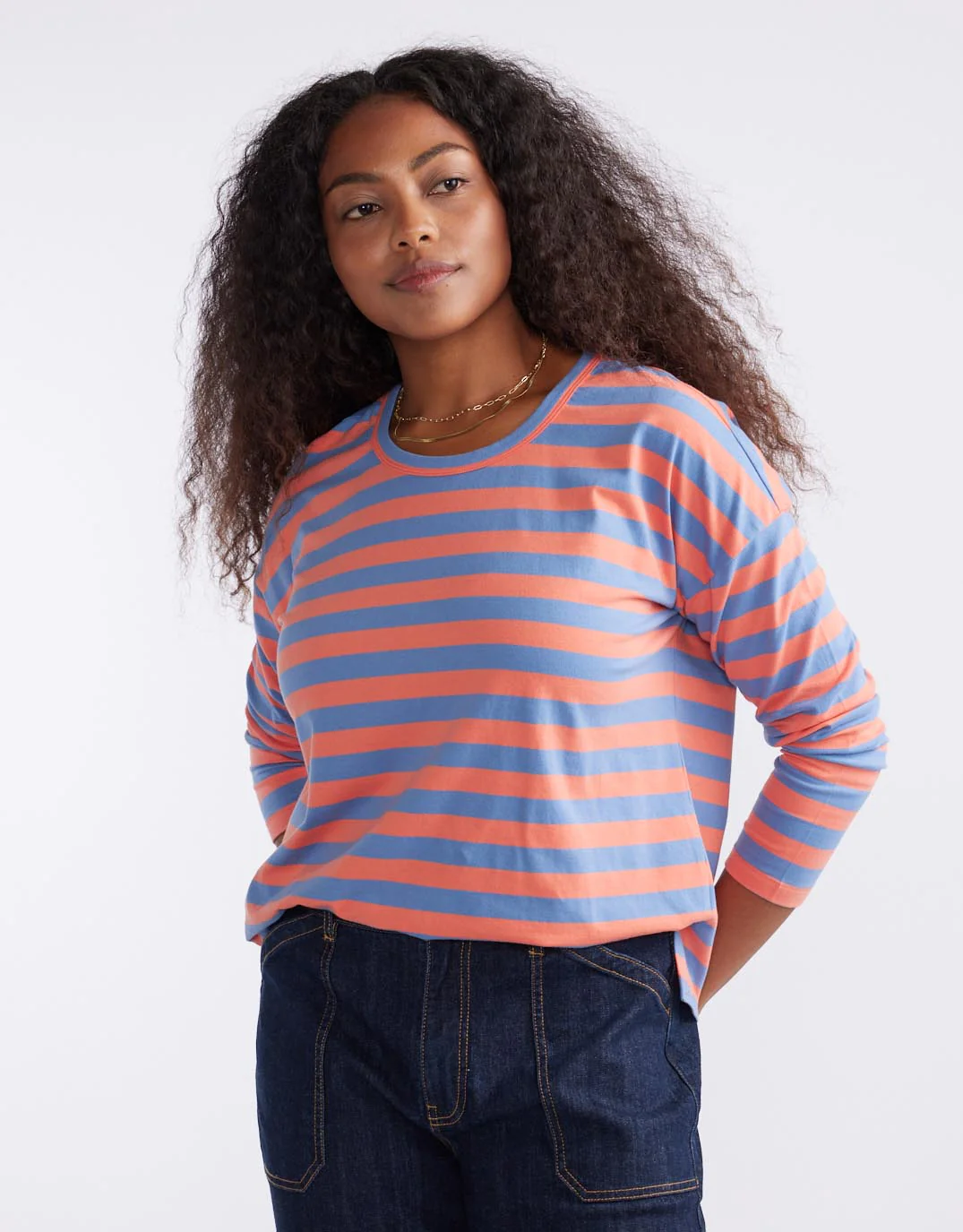 Relaxed Long Sleeve T-Shirt - Melon/Denim Stripe - Image 3