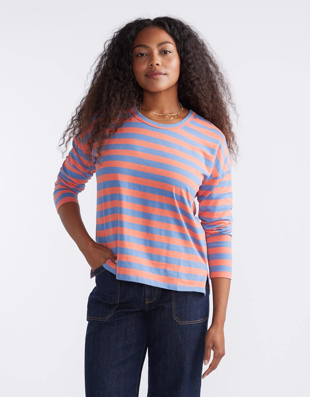 Relaxed Long Sleeve T-Shirt - Melon/Denim Stripe - Image 4