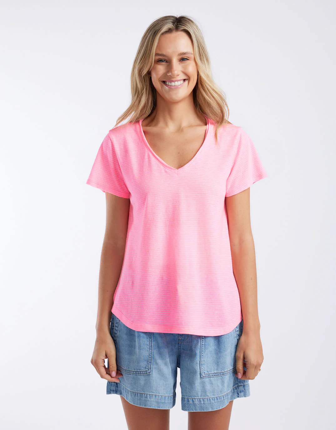 Sorbet Stripe Vee Neck Tee - Neon Pink - Image 2