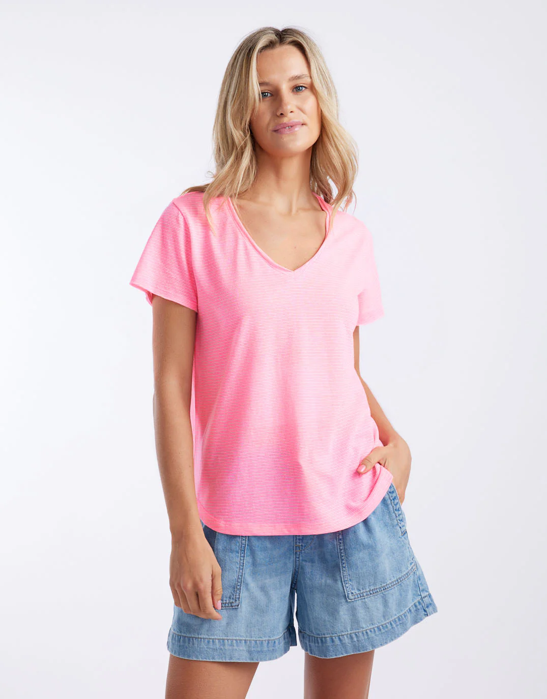 Sorbet Stripe Vee Neck Tee - Neon Pink - Image 4