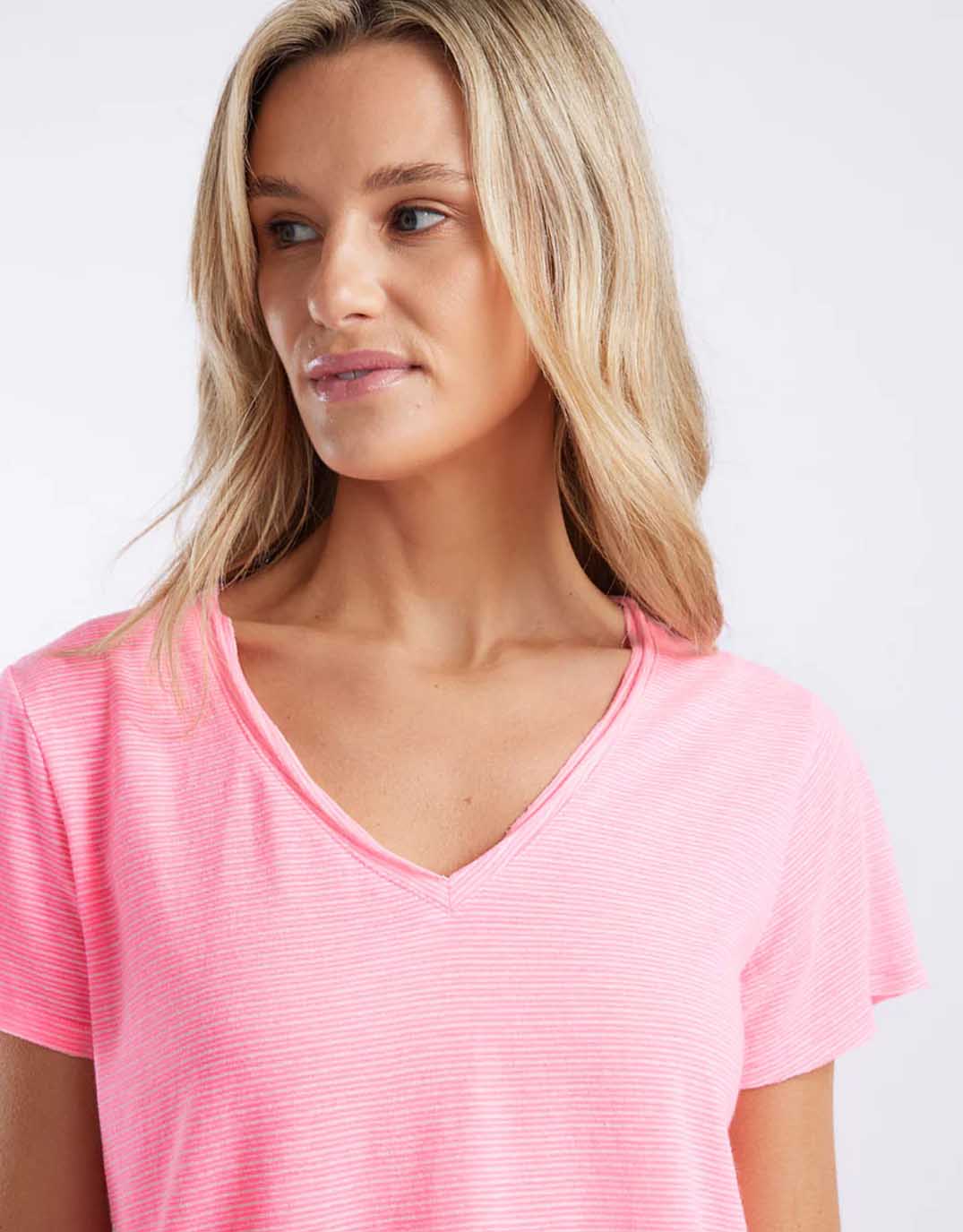 Sorbet Stripe Vee Neck Tee - Neon Pink - Image 5