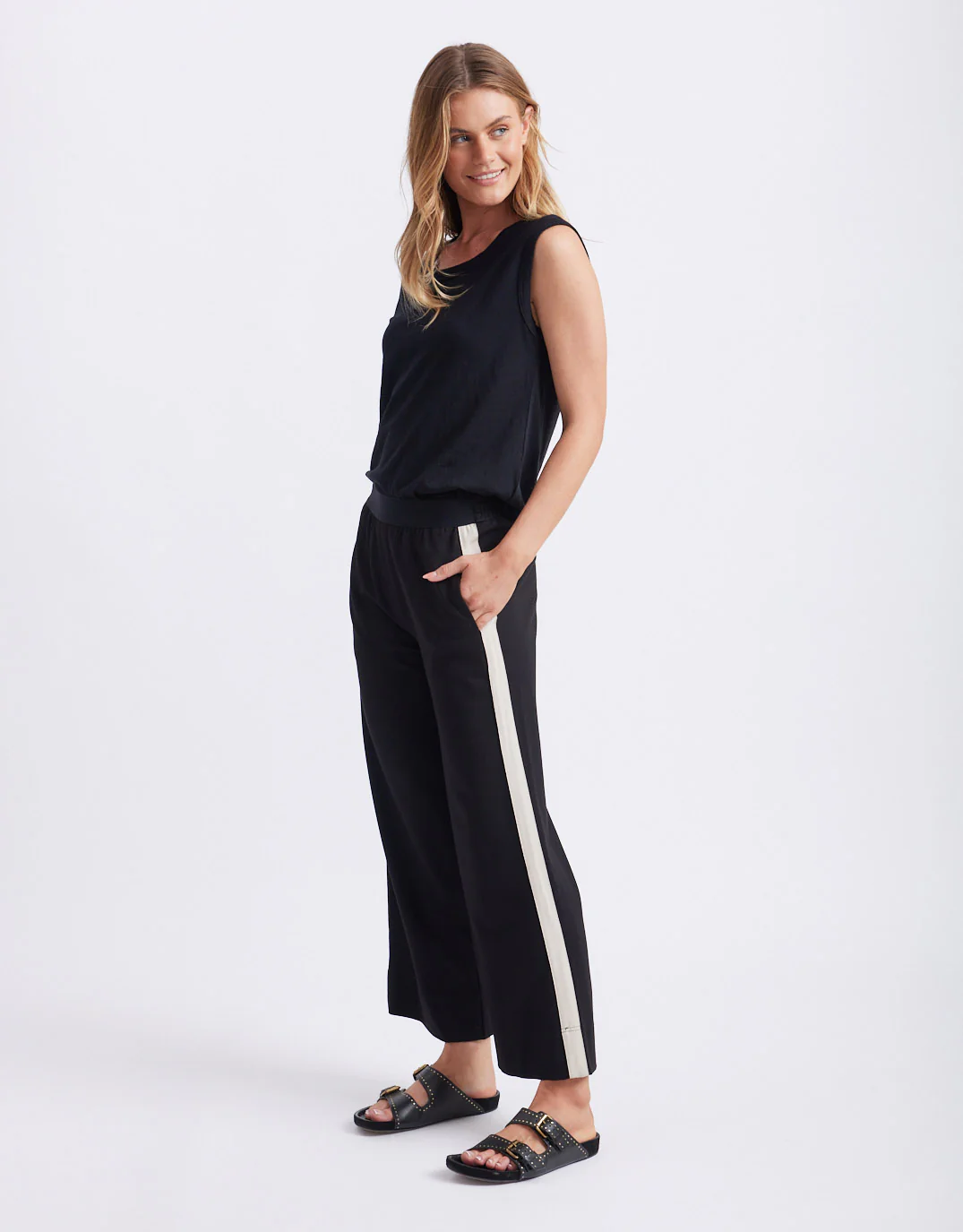 Timeless 7/8 Ponte Pant - Black/Beige Stripe - Image 4