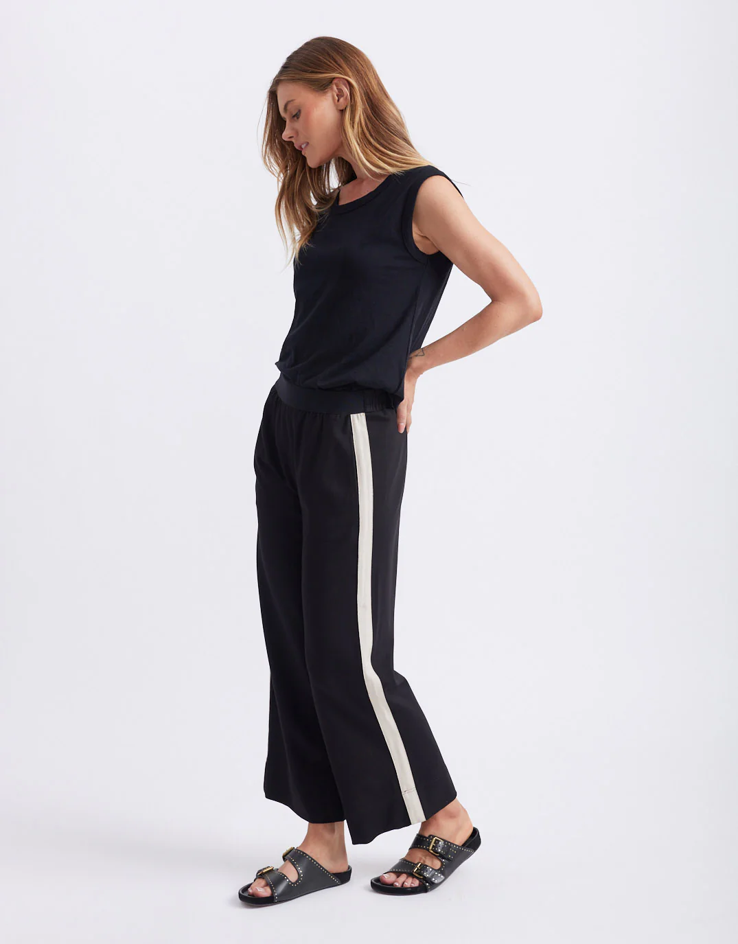 Timeless 7/8 Ponte Pant - Black/Beige Stripe - Image 5