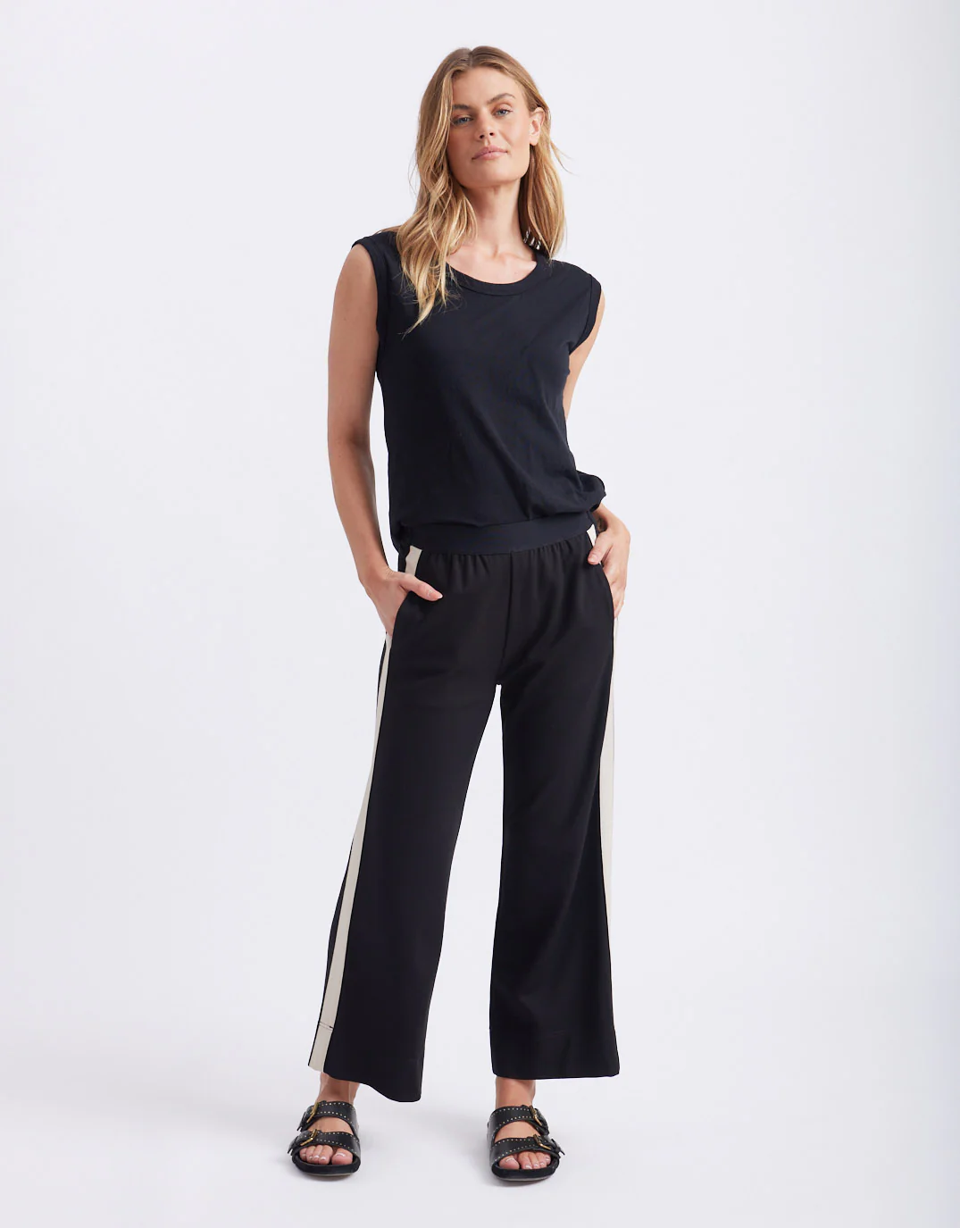 Timeless 7/8 Ponte Pant - Black/Beige Stripe - Image 9